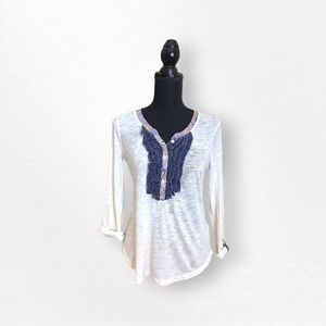 Anthropologie Postmark Ruffle Flare Henley Top with Polka Dot and Paisle…